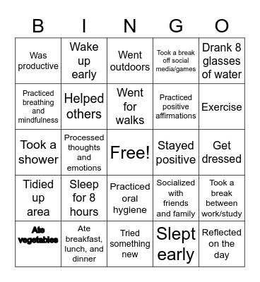 Healthy Habits Bingo Card