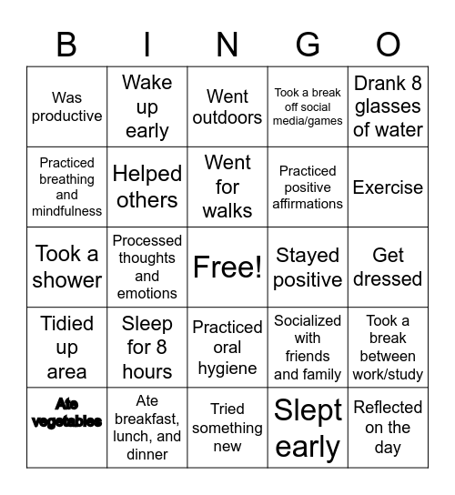 Healthy Habits Bingo Card