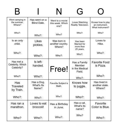 FIND SOMEONE WHO . . . Bingo Card