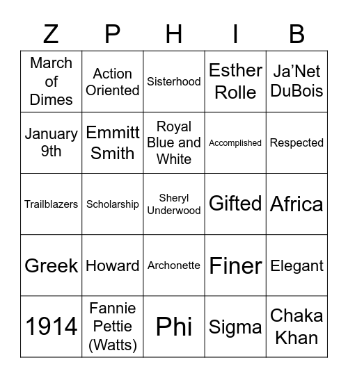 ZETA BINGO Card