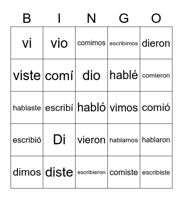 Spanish Verbs (Preterite- Simple Past) Bingo Card