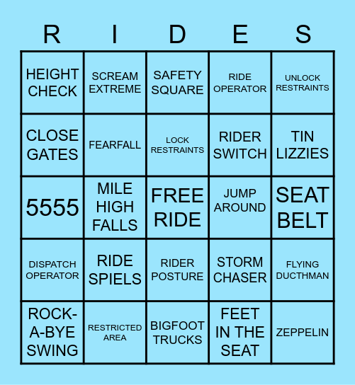 Kentucky Kingdom Rides Department Bingo Card