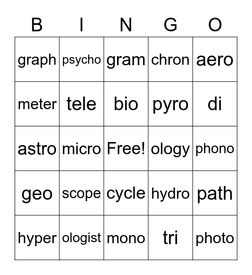 Greek Combining Forms Bingo Card