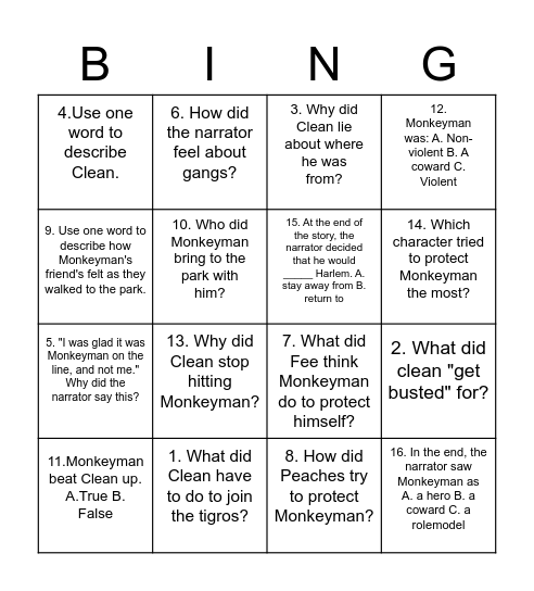 Monkeyman Bingo Card