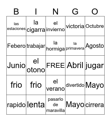 Vocabulary Bingo Card