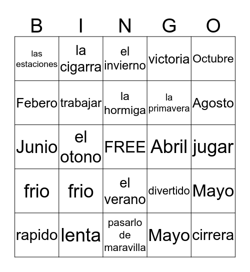 Vocabulary Bingo Card