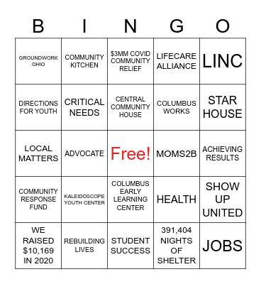 BINGO for United Way! Bingo Card