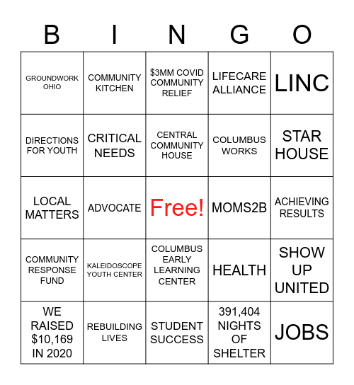 BINGO for United Way! Bingo Card