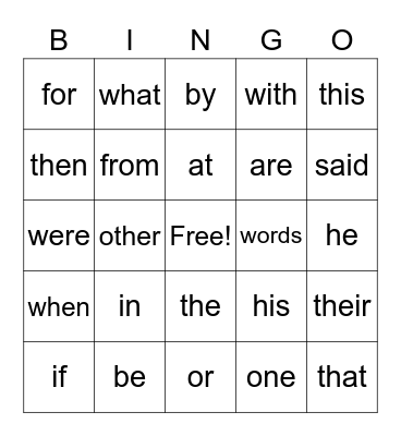 Sight Words Bingo Card