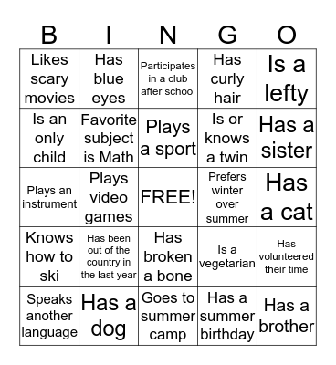Classroom Bingo Card