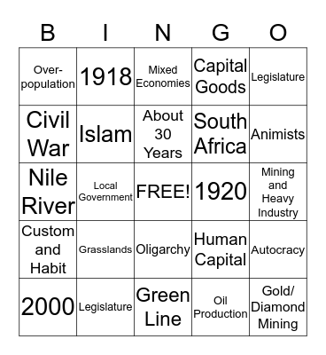 Africa Bingo Card