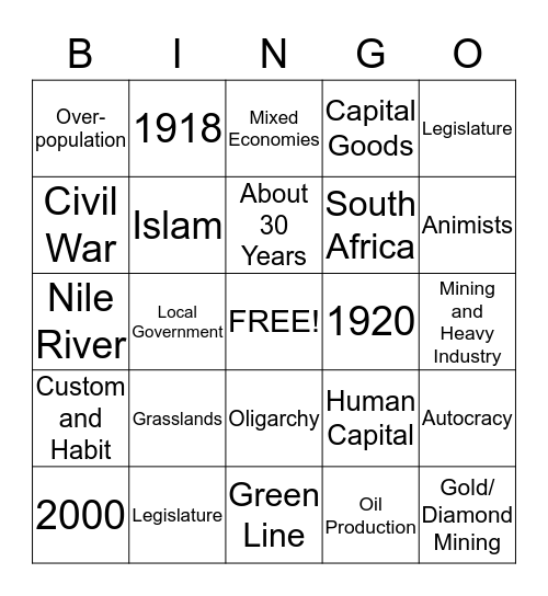 Africa Bingo Card