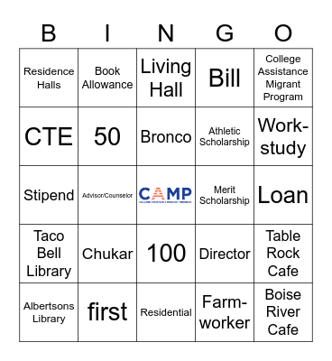 College and CAMP Bingo Card