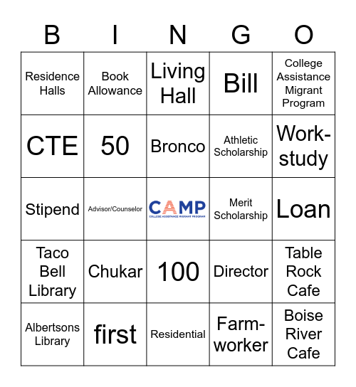 College and CAMP Bingo Card