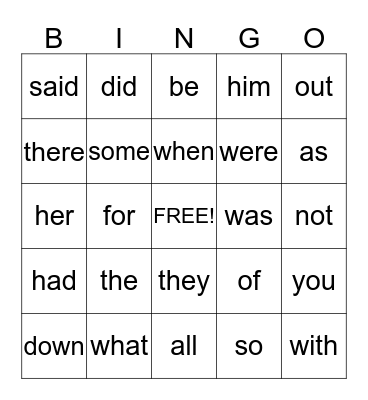 Sight Words Bingo Card