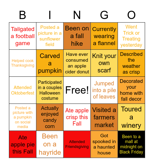 Fall Fair Bingo Card