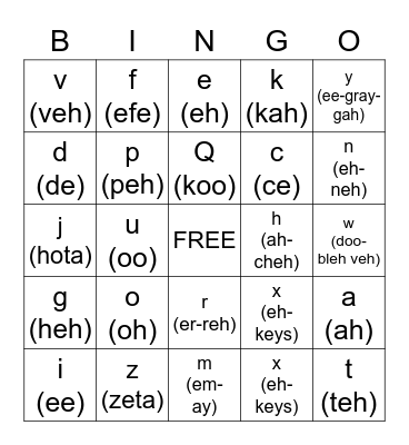 Spanish Alphabet Bingo Card