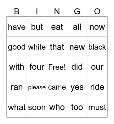 Sight words Bingo Card