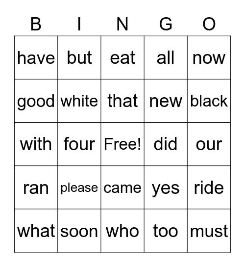 Sight words Bingo Card