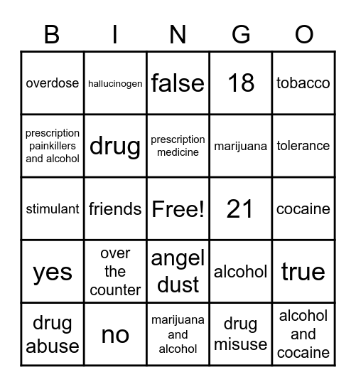 Drug Awareness Bingo Card