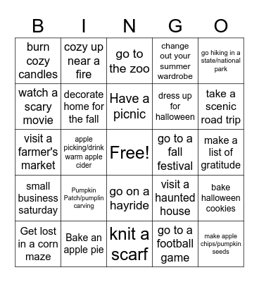 Fall bucket List Bingo Card