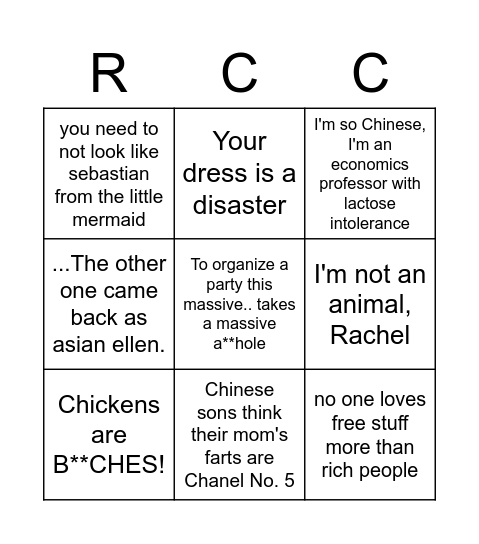 Crazy Rich Asians Bingo Card