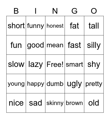 Adjective Bingo Card