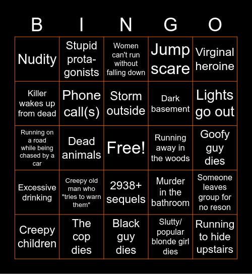 Horror movie bingo Card