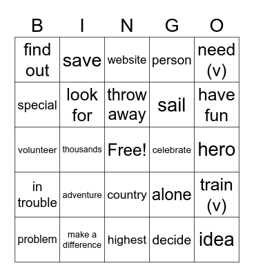 Vocabulary Bingo Card