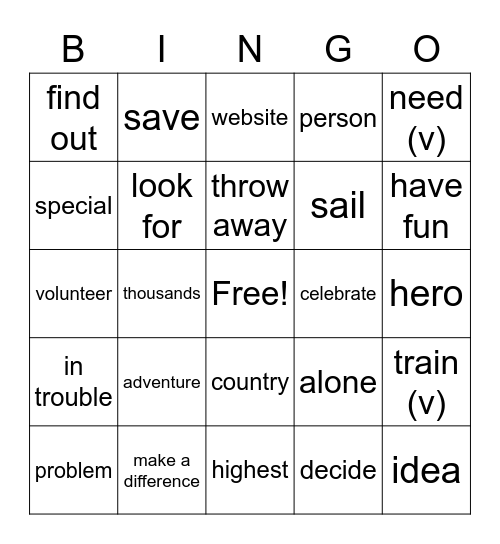 Vocabulary Bingo Card