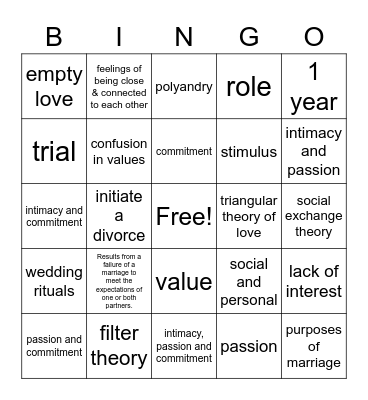 Pairing Up Bingo Card