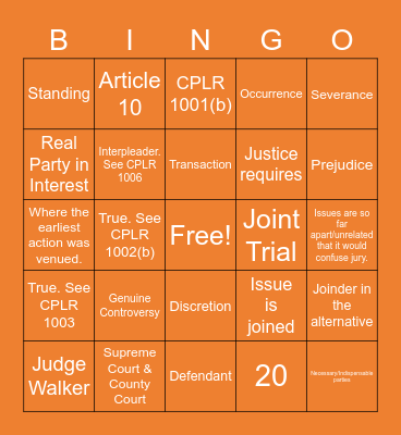 Claims & Parties Review Bingo Card