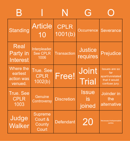 Claims & Parties Review Bingo Card