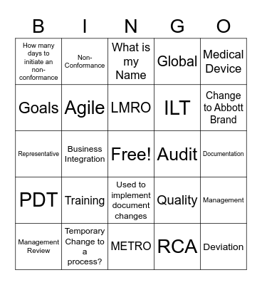 Quality & Regulatory Month Bingo Card