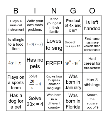 Get to know you/Math Review Bingo Card