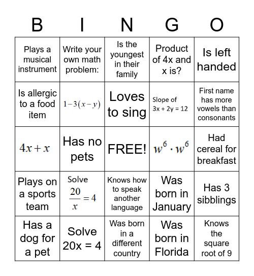 Get to know you/Math Review Bingo Card