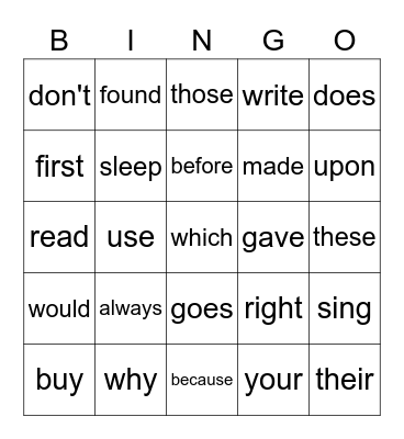 Second Grade Sight Words Bingo Card
