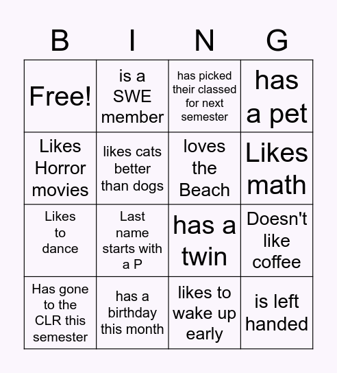 SWE Bingo - Find someone who Bingo Card