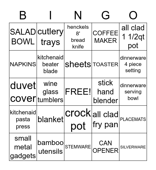 SHOWER GIFT Bingo Card