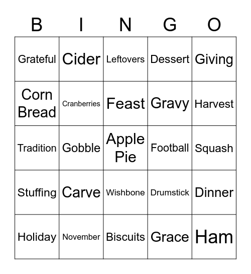 Thanksgiving BINGO Card