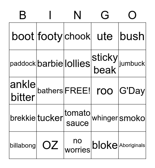 Aussi Lingo Bingo Card