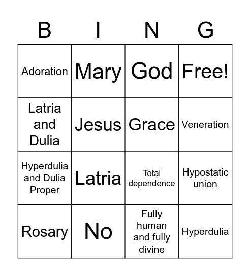 Latria and Hyperdulia Bingo Card
