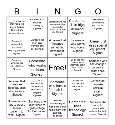 Career Day/Fair Bingo Card