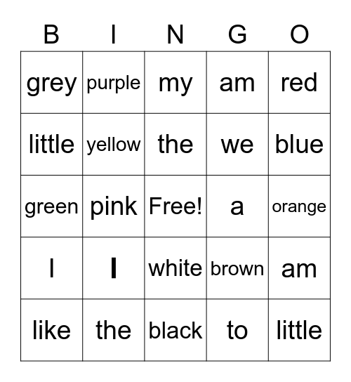 Sight Words Bingo Card