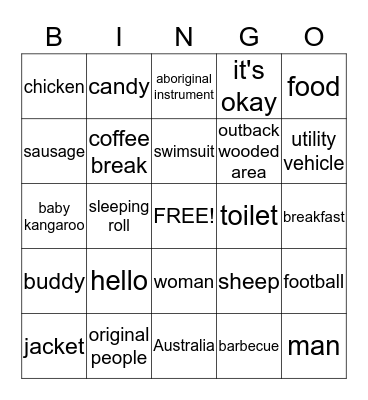 Aussi Lingo Bingo Card