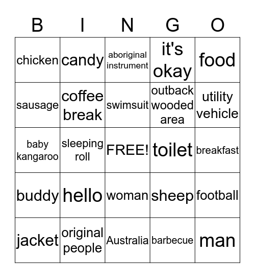 Aussi Lingo Bingo Card