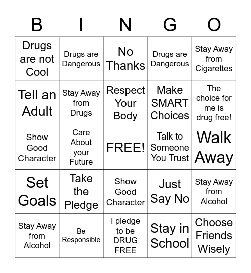Drug Free Bingo Card