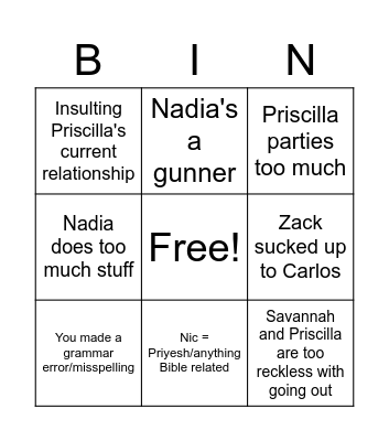 Alex's Insults Bingo Card