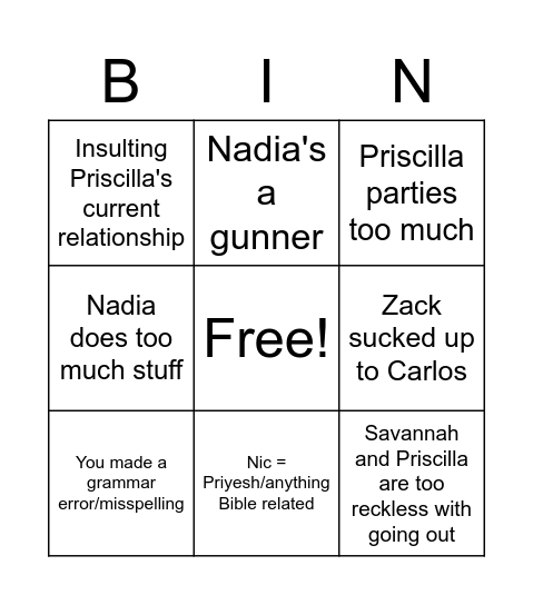 Alex's Insults Bingo Card