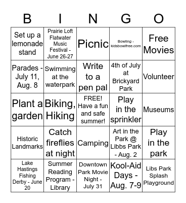 Summer Fun Bingo Card